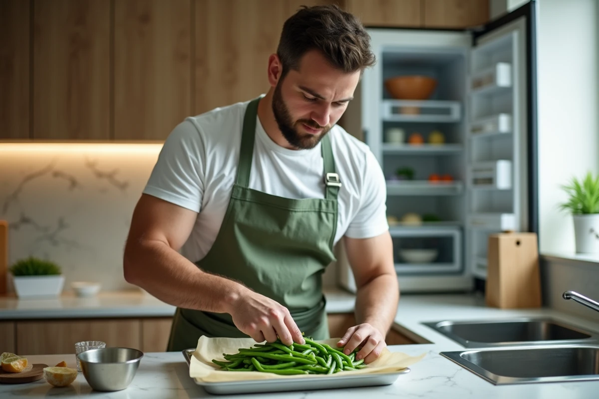 Jeune homme pr&eacute;parant des haricots pour cong&eacute;lation dans une cuisine moderne