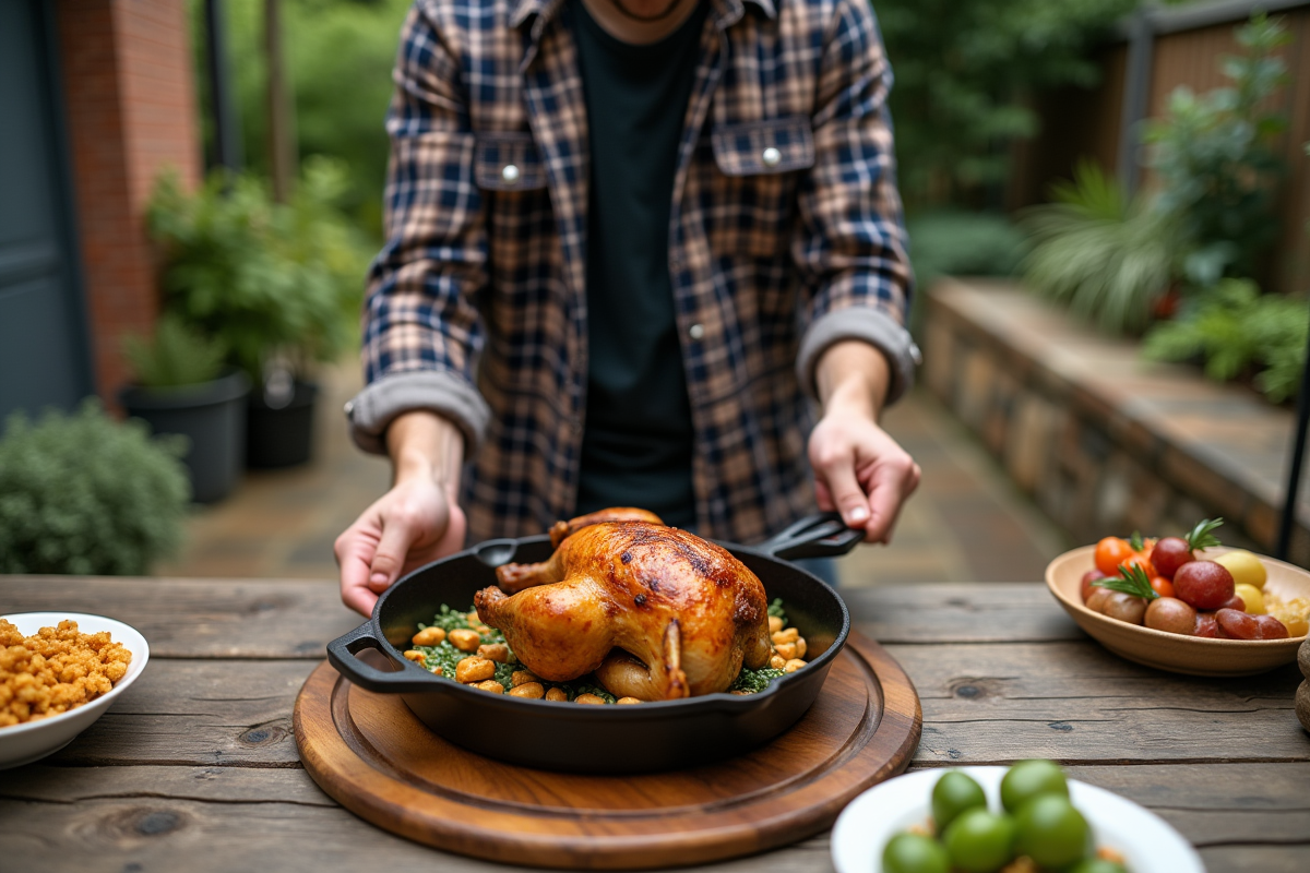 Jeune homme servant un poulet rôti sur une table extérieure