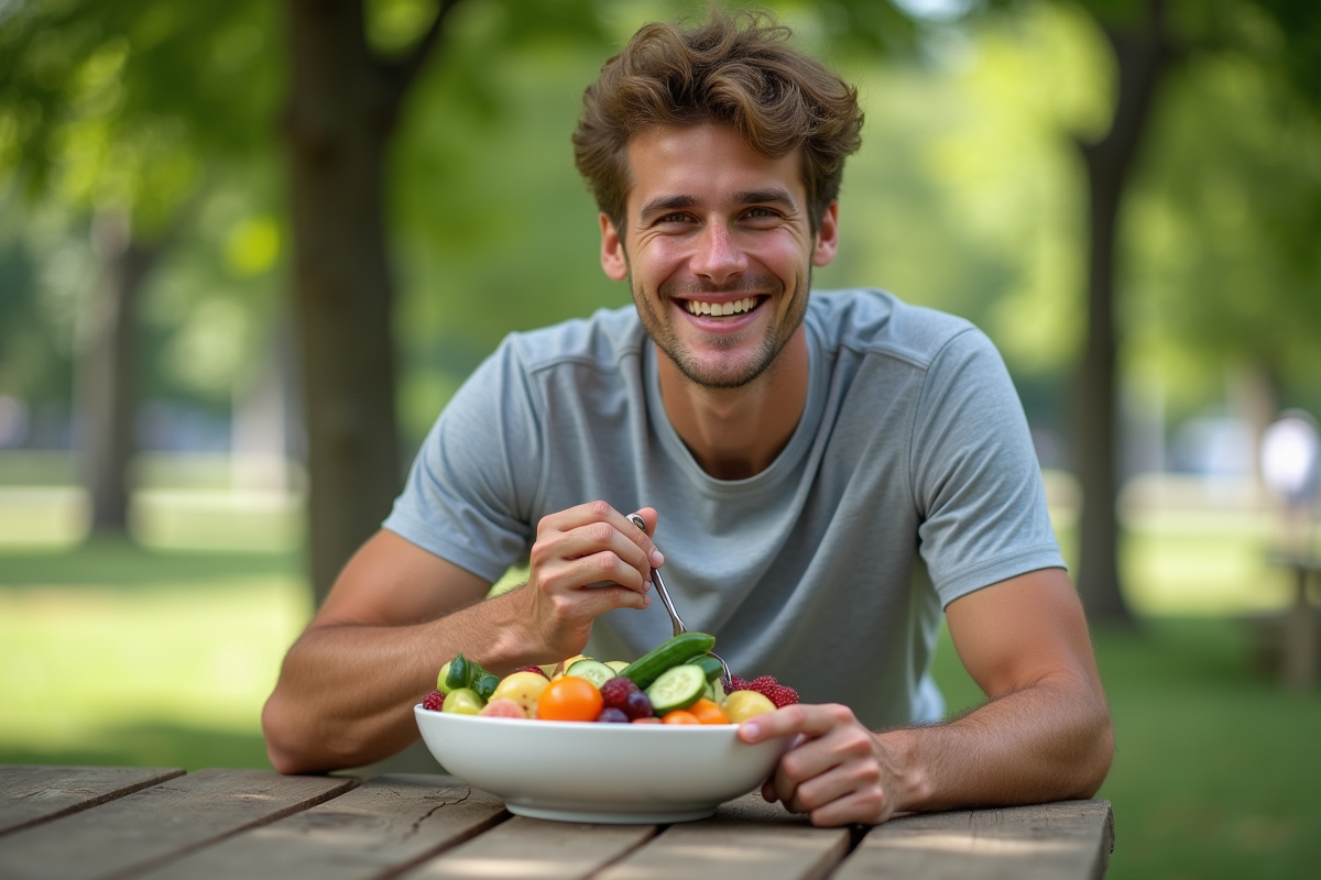Jeune homme dégustant des fruits dans un parc en plein air
