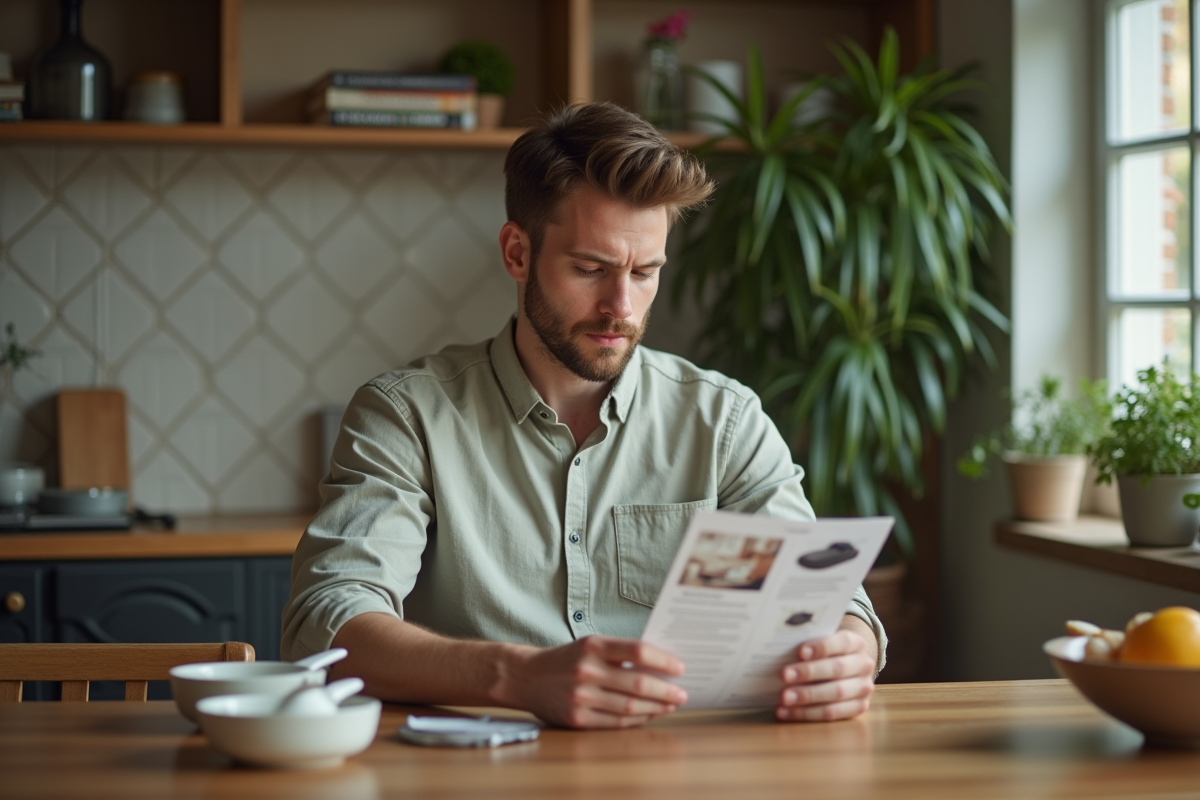 Jeune homme lisant une fiche produit avec des casseroles en céramique