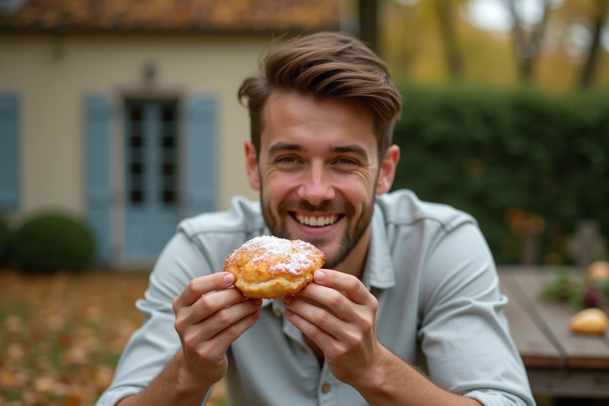 Jeune homme d&eacute;gustant un beignet de pommes en ext&eacute;rieur