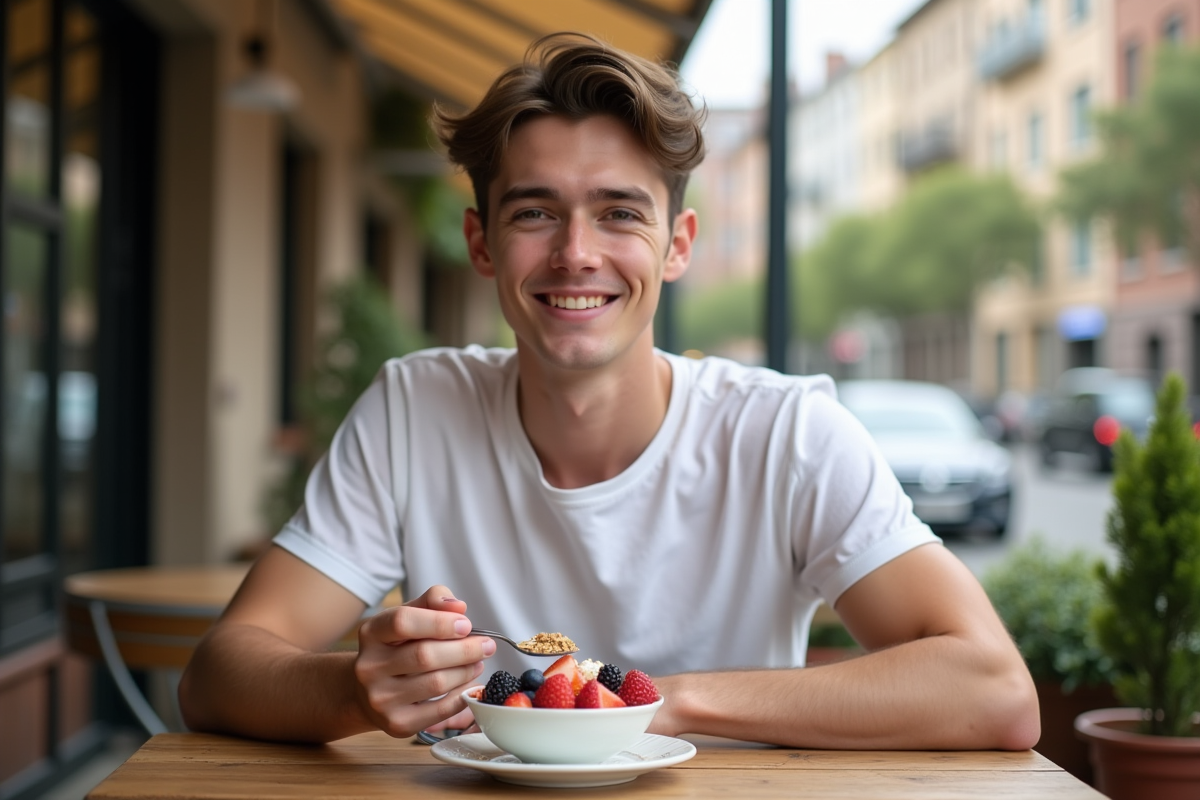 Jeune homme dégustant un bol de yogourt aux fruits en terrasse