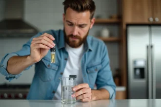 Jeune homme mesurant de l'eliquide dans la cuisine