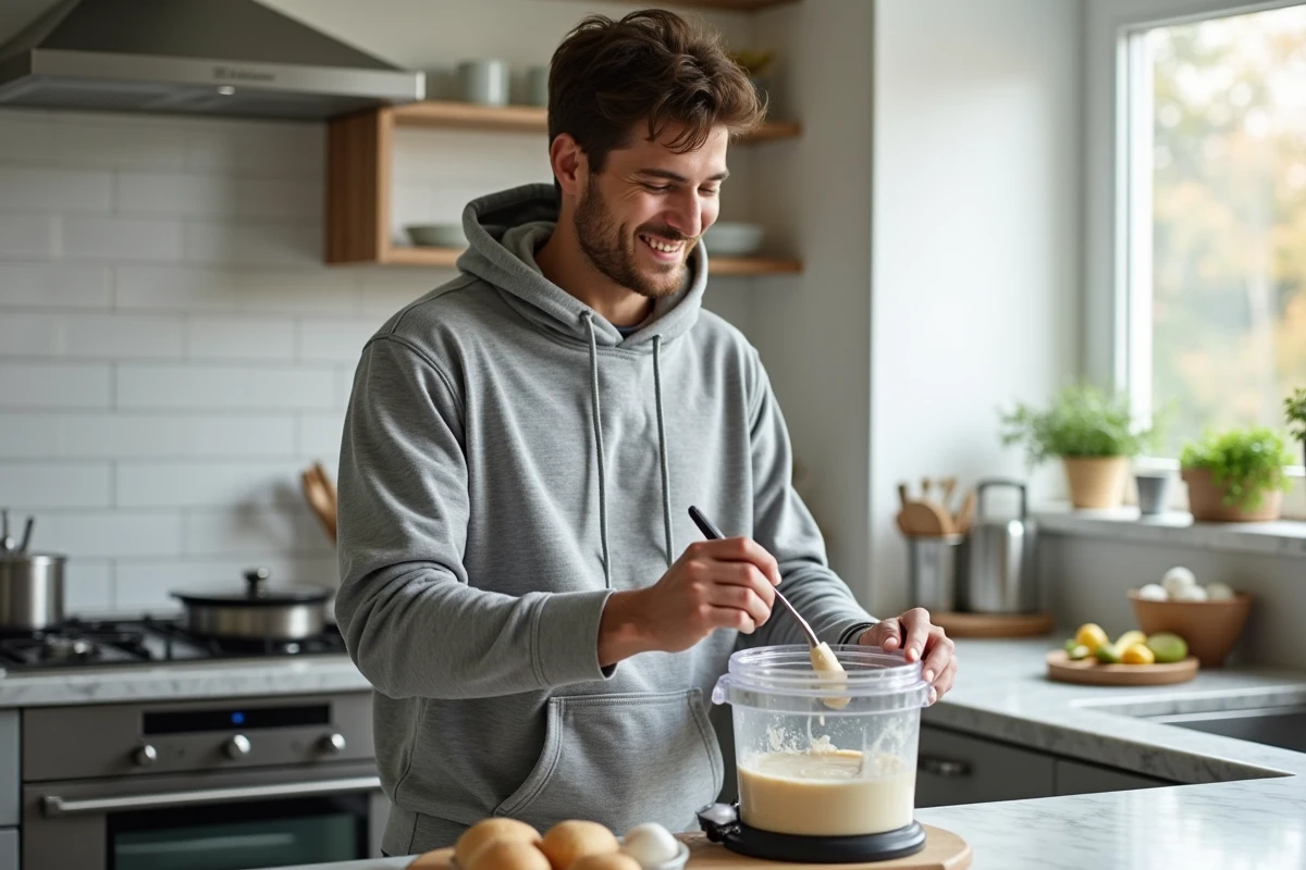 Jeune homme utilisant un robot pour préparer la pâte du quatrequarts