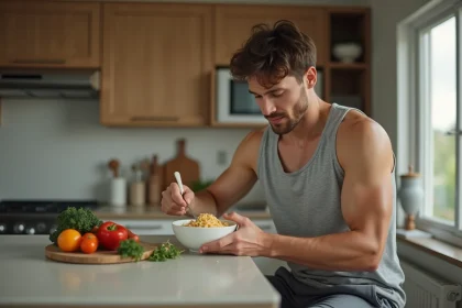 Jeune homme en cuisine dégustant des pâtes dans un cadre moderne