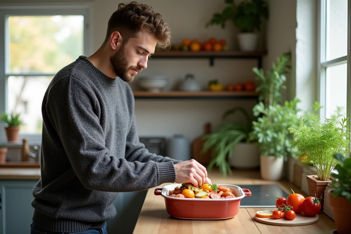 Jeune homme assemblant l&eacute;gumes et saucisses dans un plat en cuisine moderne