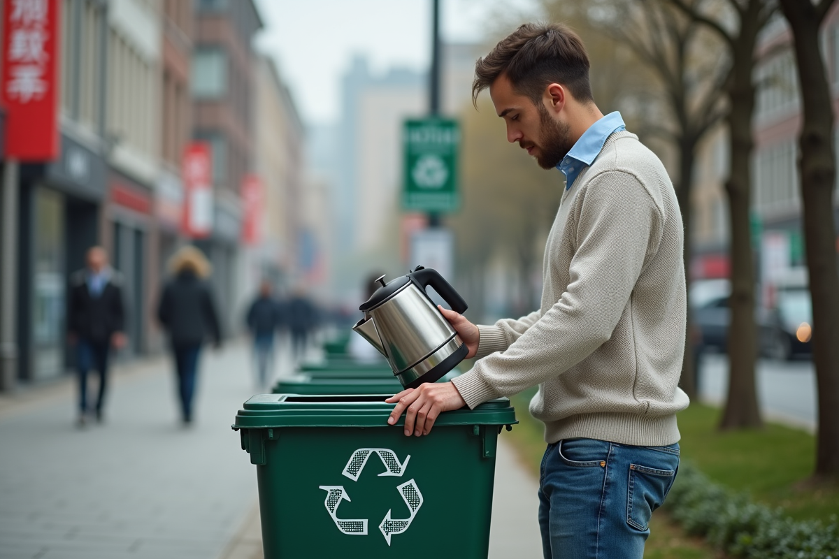 Jeune homme recyclant une bouilloire électrique à l