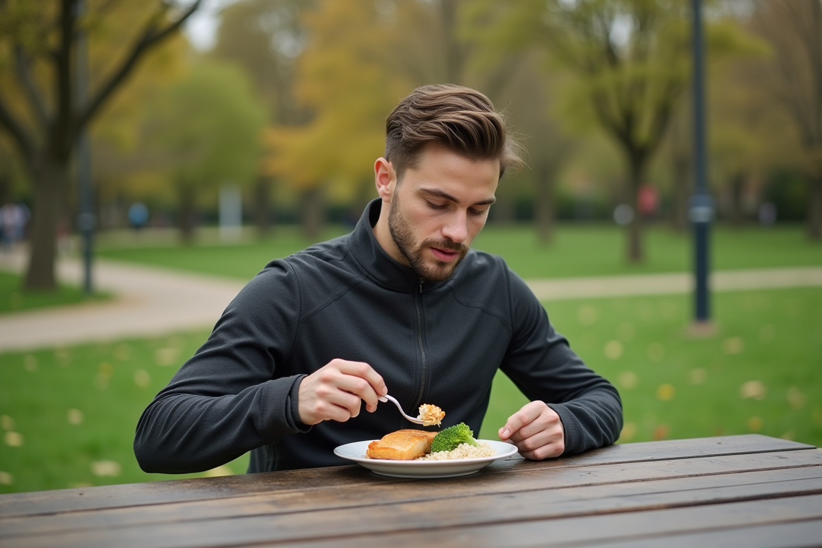 Jeune homme mange un repas sain en plein air au parc