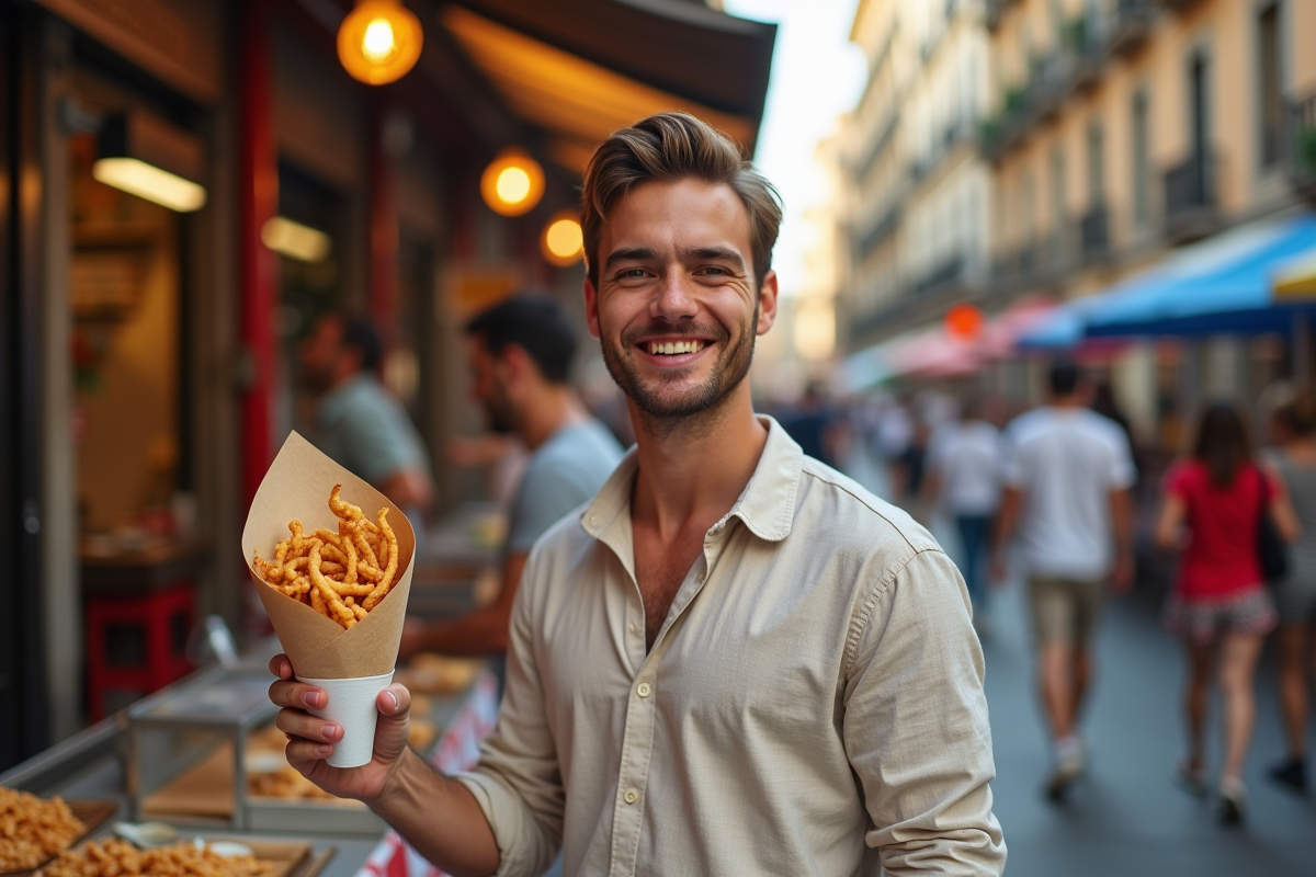 Jeune homme avec calamars frits dans un marché à Barcelone