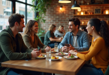 Restaurants : Qui fréquente le plus les restaurants ? Groupe de jeunes adultes riant dans un restaurant urbain