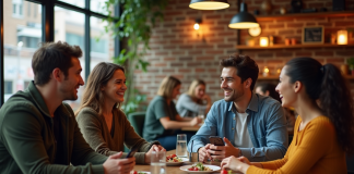 Restaurants : Qui fréquente le plus les restaurants ? Groupe de jeunes adultes riant dans un restaurant urbain