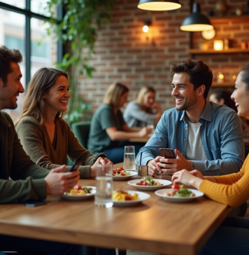 Restaurants : Qui fréquente le plus les restaurants ? Groupe de jeunes adultes riant dans un restaurant urbain
