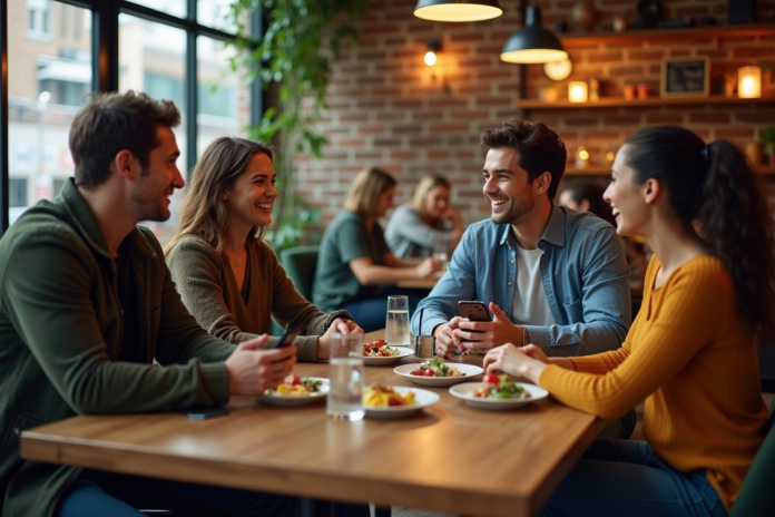 jeunes-adultes-restaurant-urbain Groupe de jeunes adultes riant dans un restaurant urbain