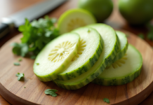 Jicama fraîche tranchée sur planche en cuisine moderne