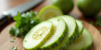 Jicama fraîche tranchée sur planche en cuisine moderne
