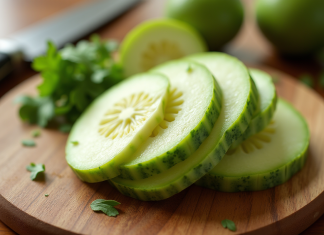 Jicama fraîche tranchée sur planche en cuisine moderne