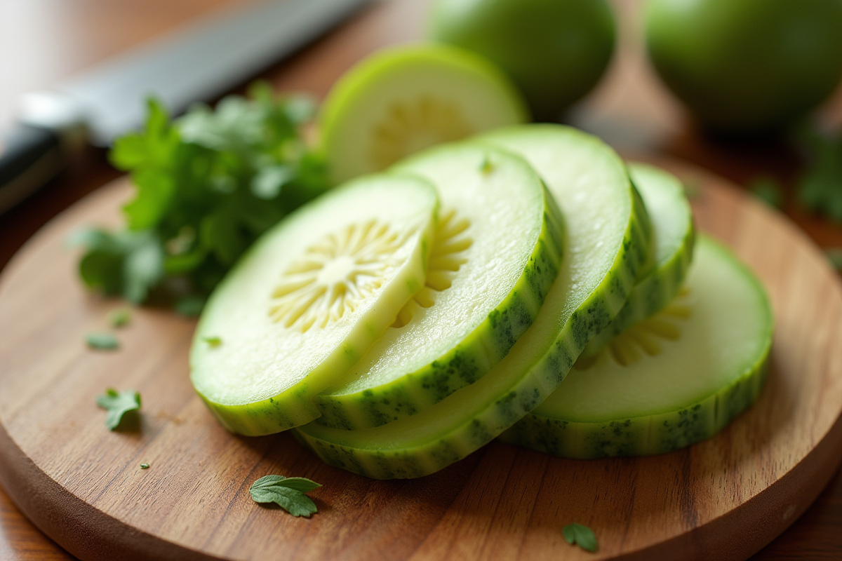 Jicama fraîche tranchée sur planche en cuisine moderne