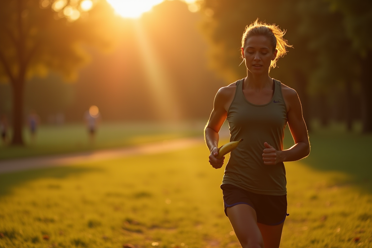 Joggeuse au lever du soleil dans un parc avec une banane à la main