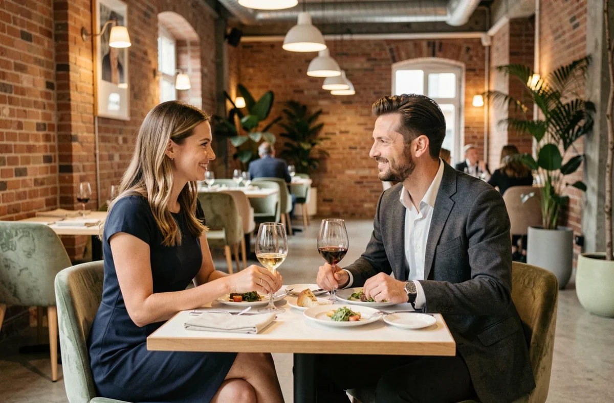 Couple attablé pour un dîner gastronomique à La Laiterie de Lambersart, dans un cadre contemporain chaleureux avec briques apparentes.