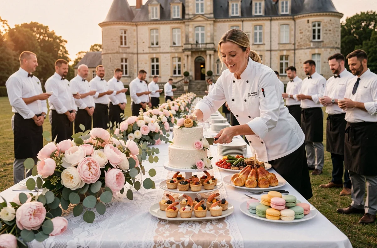 Table de mariage champêtre-chic au château avec gâteau de mariage décoré, tour de fromages, vol-au-vent de homard et macarons pastel dressée par une traiteur mariage en Pays de la Loire