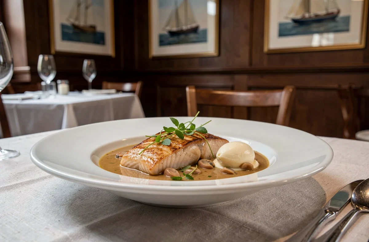 Plat de poisson gastronomique étoilé du restaurant La Matelote à Boulogne-sur-Mer avec bisque et herbes marines