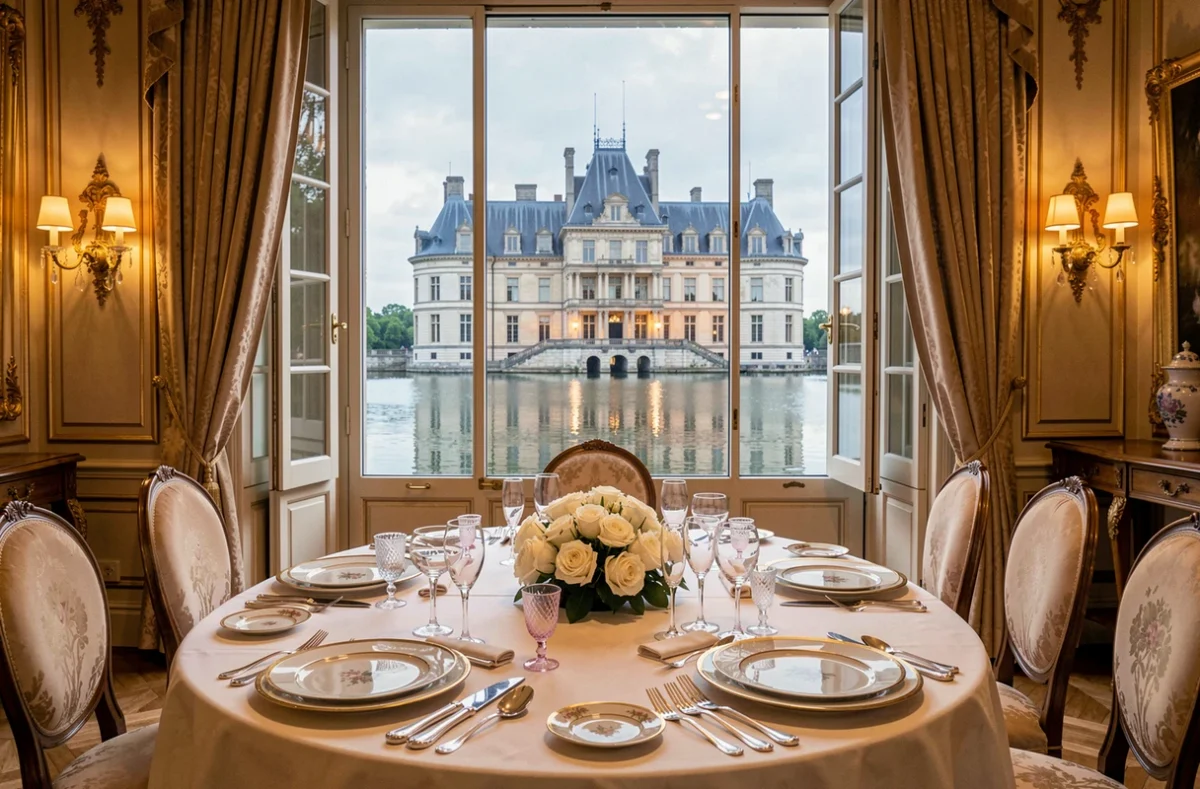 Table gastronomique de La Table du Connétable à Chantilly avec vue sur le château et son reflet dans les douves