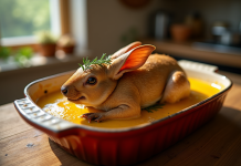 Lapin à la moutarde dans une cocotte en céramique dorée