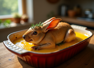 Lapin à la moutarde dans une cocotte en céramique dorée