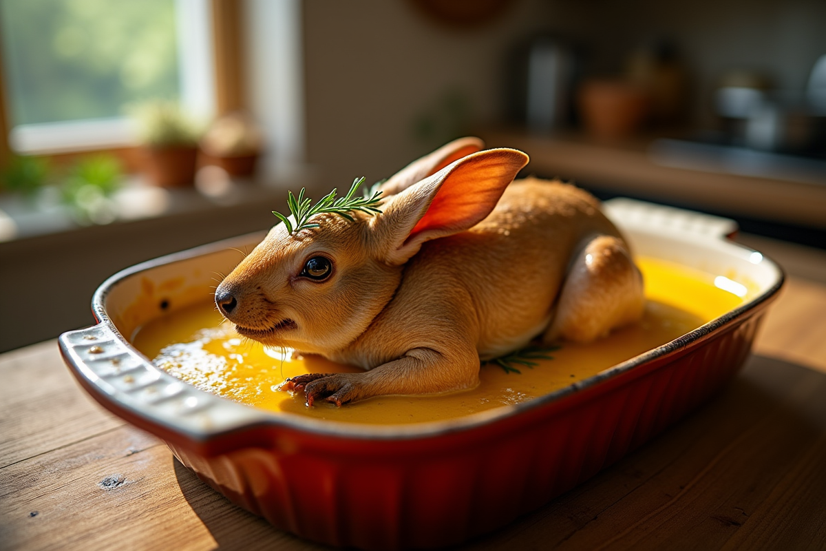 Lapin à la moutarde dans une cocotte en céramique dorée