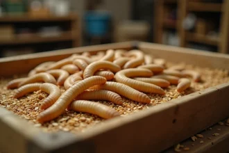 Larves de vers de farine dans un bac en bois sur une exploitation d'insectes comestibles, vue macro réaliste