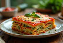 Lasagne de courgette dorée servie sur une table en bois
