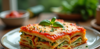 Lasagne de courgette dorée servie sur une table en bois