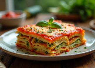 Lasagne de courgette dorée servie sur une table en bois