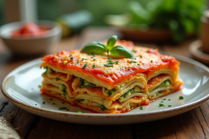 lasagne-courgette-doree Lasagne de courgette dorée servie sur une table en bois