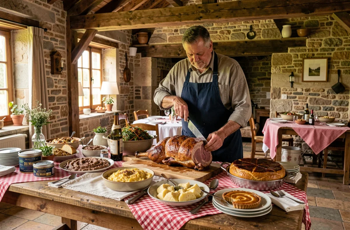 Buffet traiteur traditionnel avec rillettes, gigot d'agneau rôti et tarte Tatin dans une salle de réception rustique en pierre à Trélazé