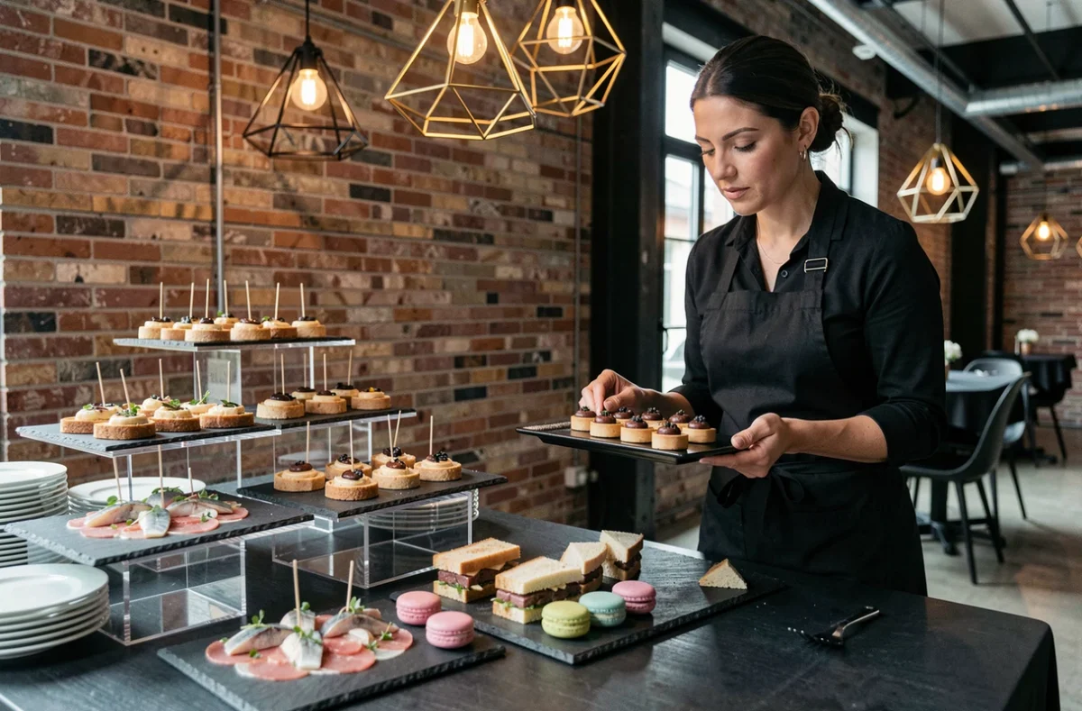 Buffet traiteur élégant dans un loft industriel de Nantes avec carpaccio de bar, foie gras, mini croque-monsieurs et macarons sur présentoirs en ardoise