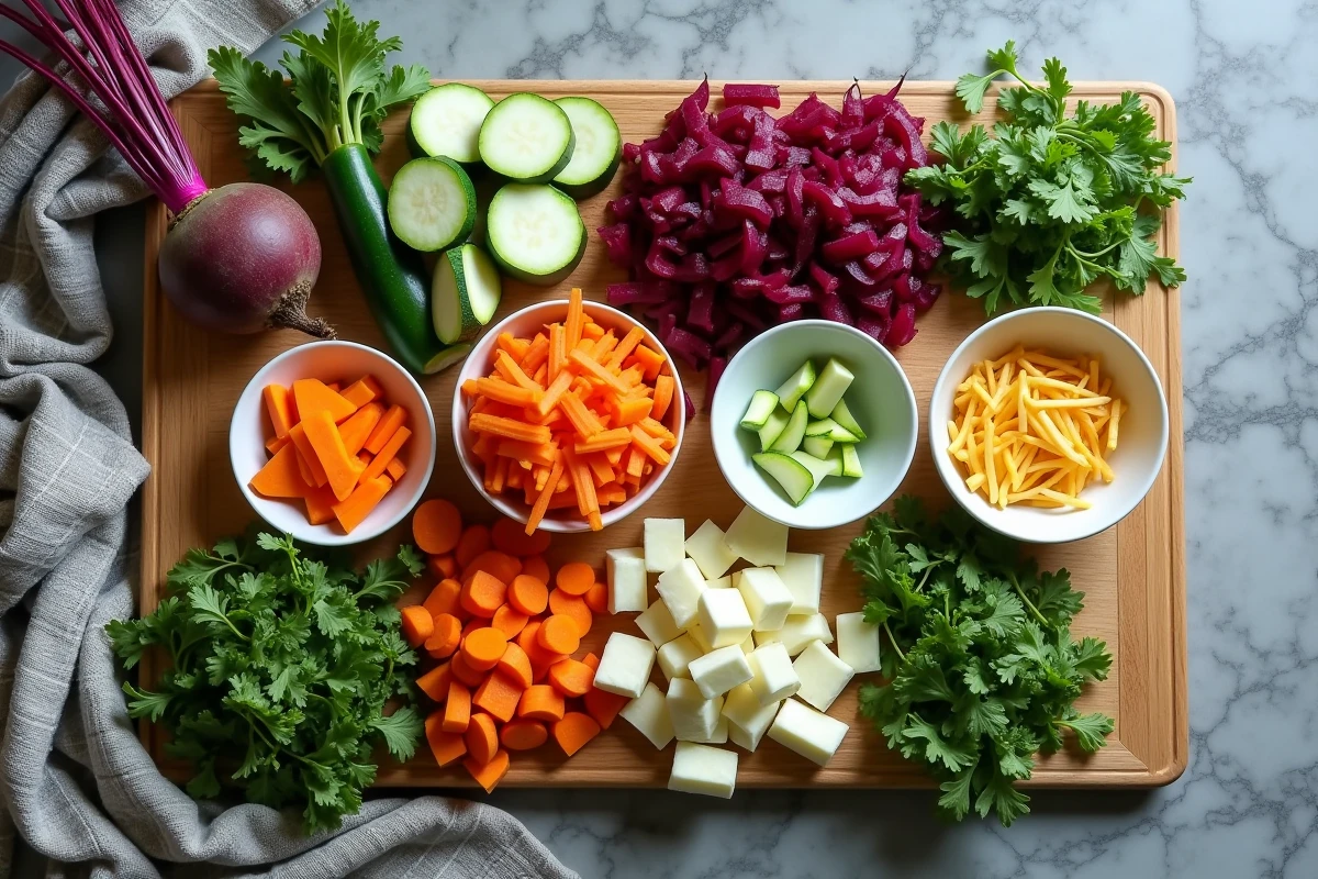 Vue aérienne de légumes coupés et d'épluchures sur une planche en bois illustrant la cuisine zéro déchet