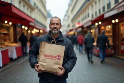 Livreur portant un sac à emporter du restaurant Le Cèdre rue Mouffetard Paris
