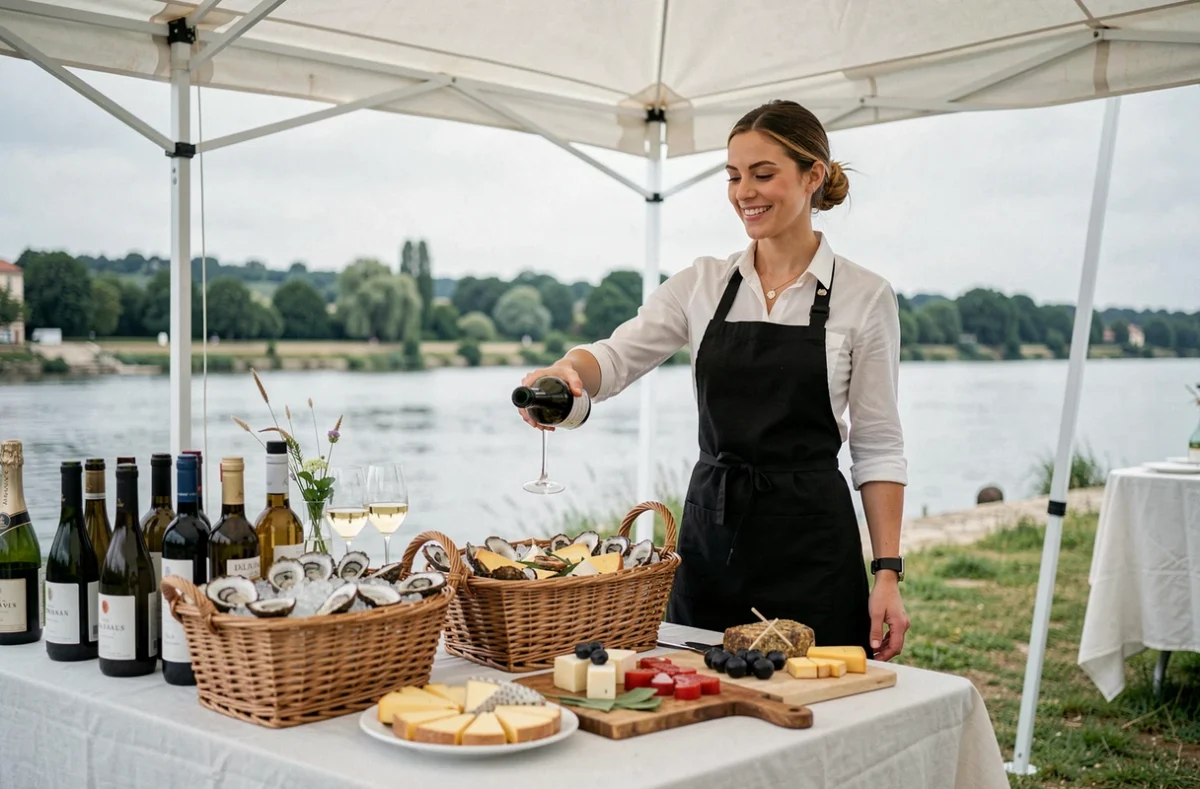 Réception événementielle en bord de Loire à Juigné-sur-Loire avec huîtres, rillauds, fromages et vins de Loire sous une tente blanche