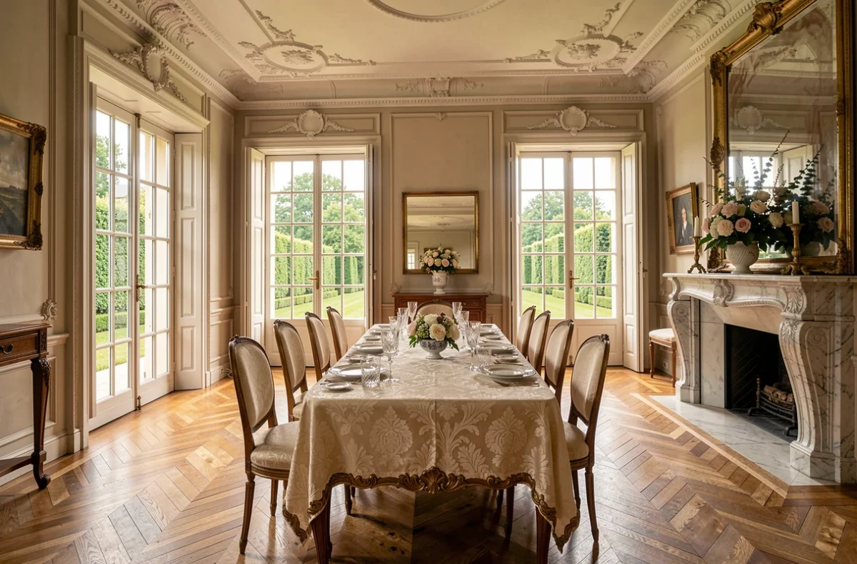 Salle de restaurant bourgeois La Maison Dans Le Parc à Nancy avec parquet en chevrons, porcelaine dorée et vue sur jardin