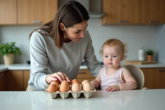 Jeune maman examine des œufs frais dans la cuisine