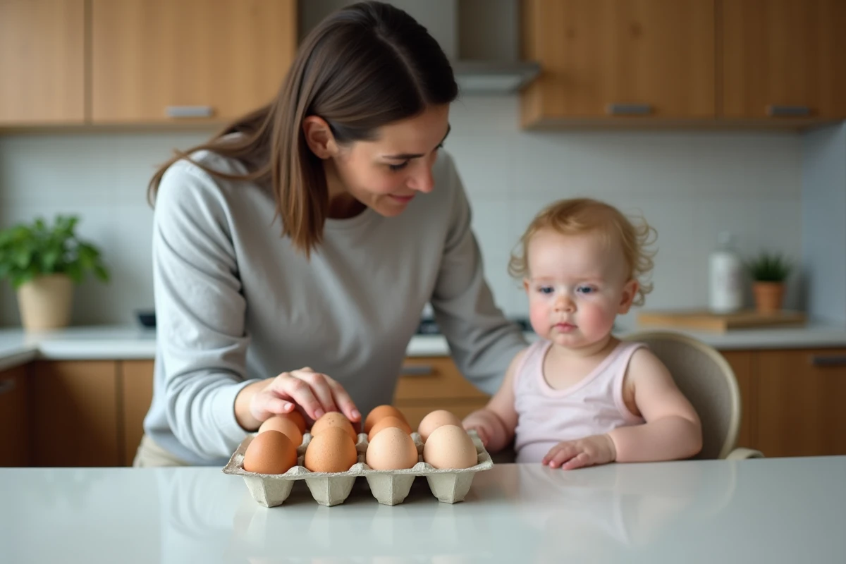 Jeune maman examine des œufs frais dans la cuisine