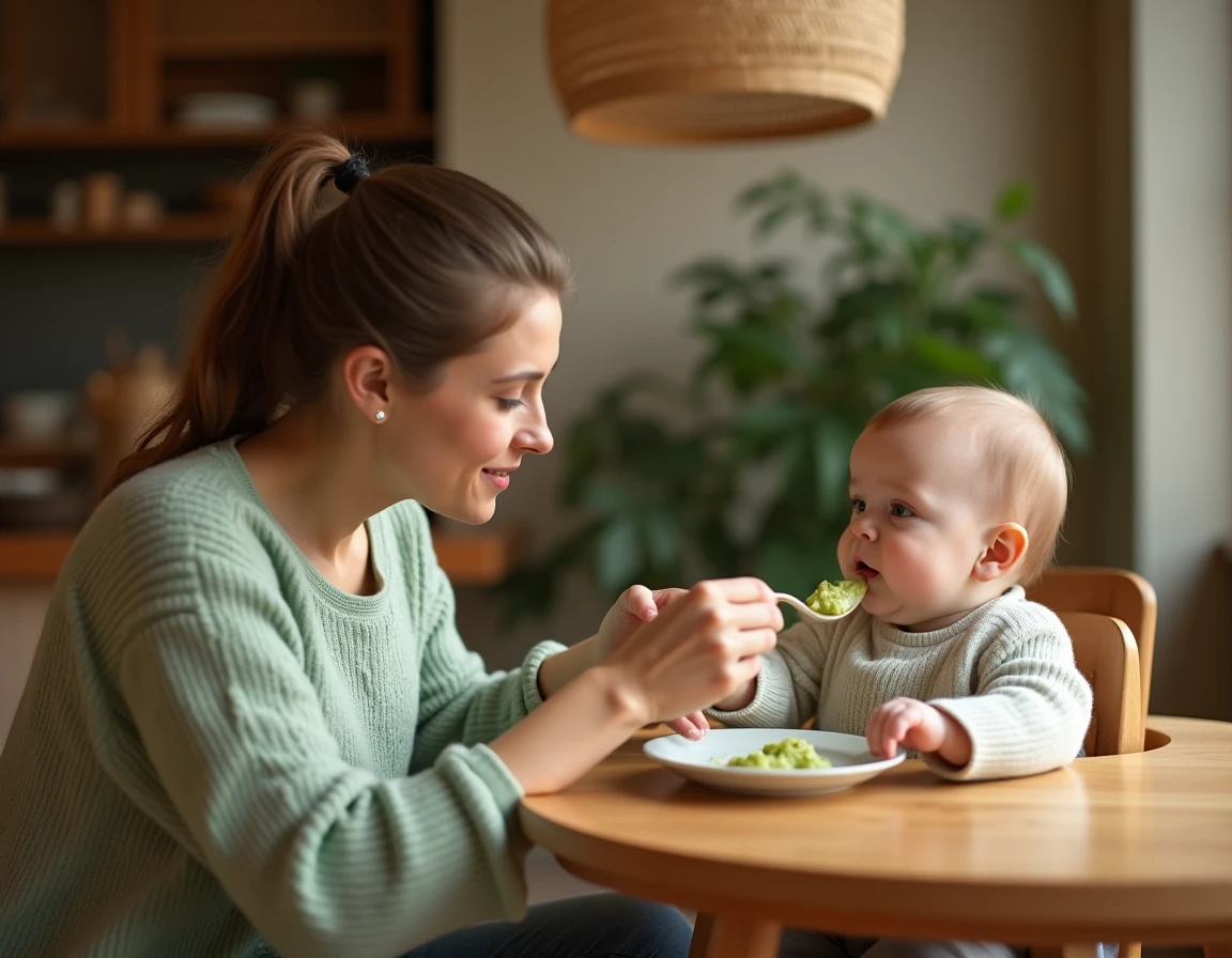 Mère donnant une purée de poireau à la cuillère à son bébé assis dans une chaise haute lors du repas de diversification alimentaire
