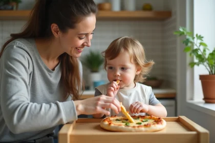 Maman aidant son enfant &agrave; manger une pizza &agrave; la courgette