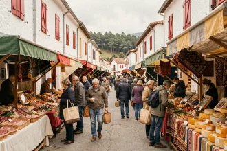 Marché animé de la Venta Peio à Dancharia avec étals de produits basques et acheteurs sur la rue frontière franco-espagnole