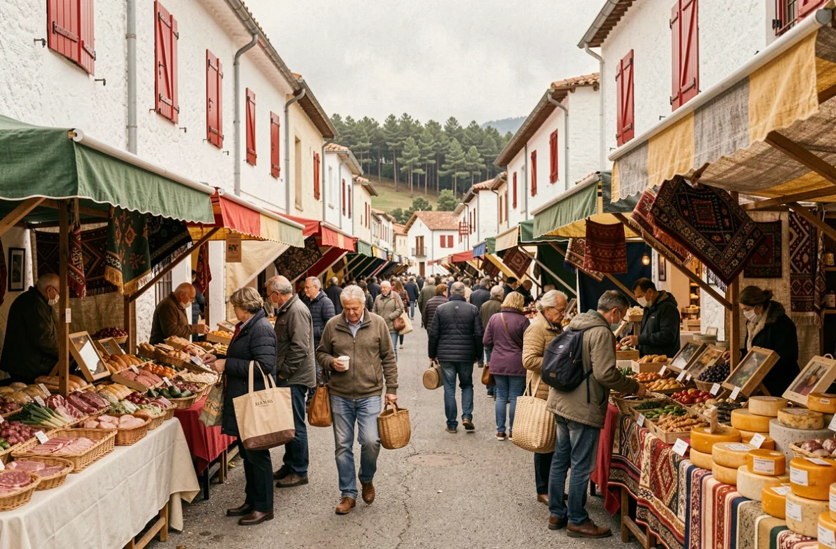 Marché animé de la Venta Peio à Dancharia avec étals de produits basques et acheteurs sur la rue frontière franco-espagnole