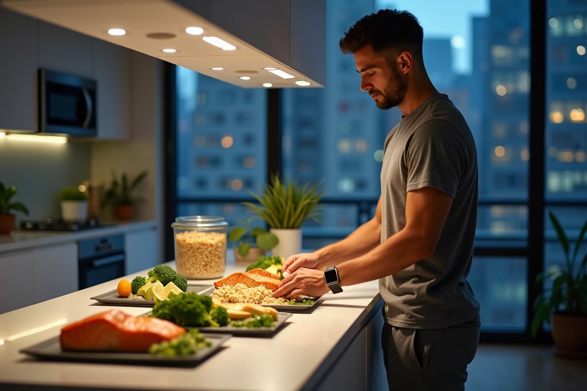 Homme préparant des repas équilibrés en meal prep avec saumon et légumes dans une cuisine moderne la nuit