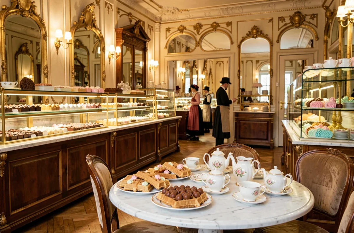 Intérieur Belle Époque de la maison Meert à Lille, avec boiseries dorées, gaufres emblématiques et décor raffiné d'une institution gourmande.