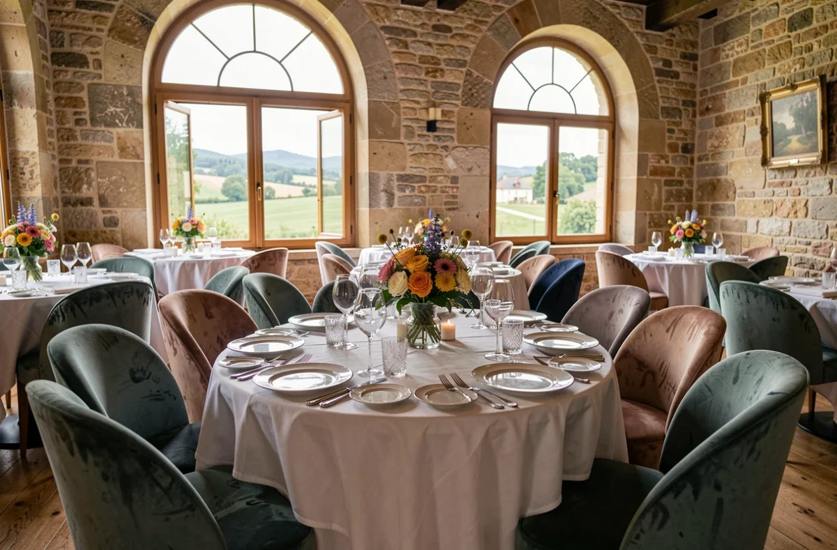 Salle de restaurant gastronomique élégante dans le Grand Est avec table dressée en porcelaine fine et verrerie cristal