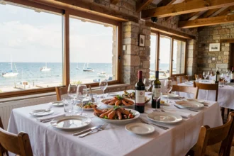 Table dressée dans un restaurant gastronomique en Vendée avec vue sur l'océan Atlantique